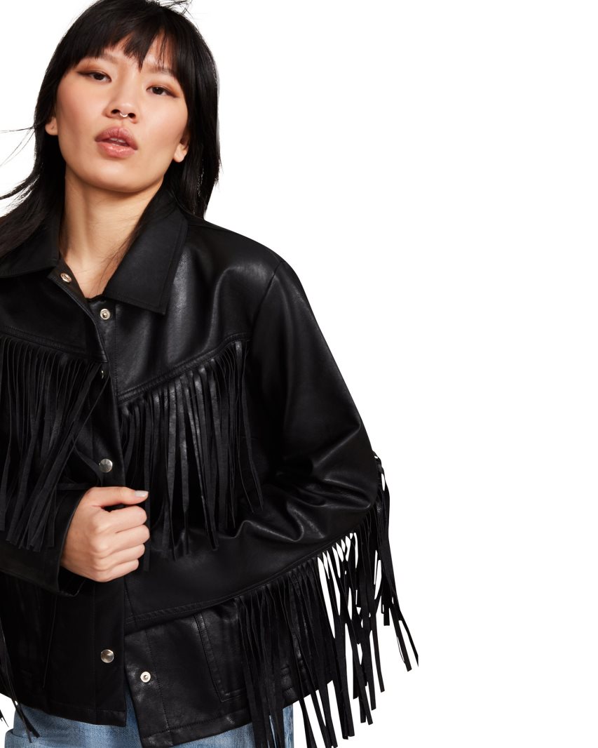 Black Steve Madden Fringe Women's Jackets | PH 7693BZN